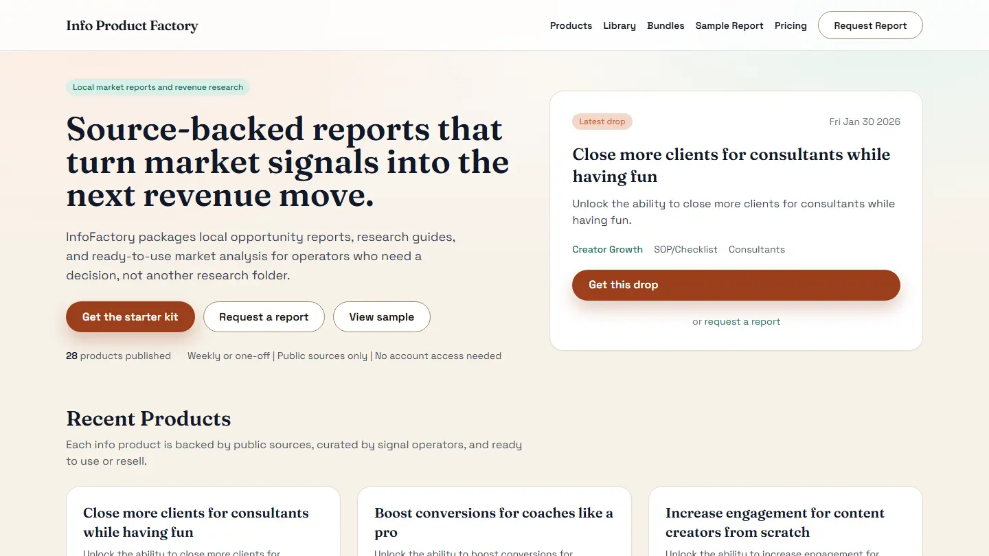 InfoFactory — live product screenshot
