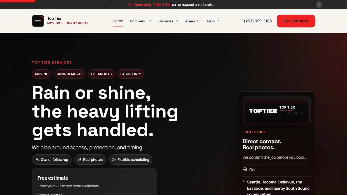 TopTier Moving & Junk — live product screenshot